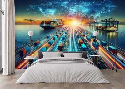 Global trade concept with cargo ships and trains at sunset, featuring a digital world map connection overlay.Tracking of loading and delivery. Logistics solutions in the future.AI generated. Wall mural