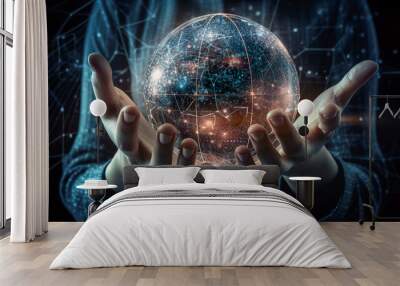 Hand held globe with connection technology.Metaverse Technology. Next generation technology. Global network connection, science, innovation and communication technology.AI generated illustration. Wall mural