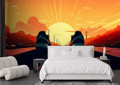 Running for a healthy life. Close up of shoes, running athlete legs running on the road at sunset. AI generated vector illustration.
 Wall mural