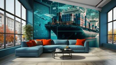 Shipping, by water, by air, by road. Shipping plans and tracking the shipment to see where it is going. Technology with direct logistics delivery all over the world. Artificial intelligence illustrati Wall mural