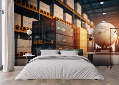 Storage of goods in a logistics warehouse. Goods stored in a shelving system. Logistic warehousing is the introduction of new storage in the future with the help of available technology.AI created. Wall mural