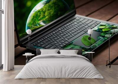 Technology with the concept of nature. Laptop keyboard with green globe. Efficient technology. Digital sustainability. Environmentally friendly technology, sustainable development goals generated AI. Wall mural