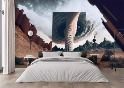 The tornado destroys the landscape. It can cause extremely high damage. Tornado background with double exposure. AI generated illustration. Wall mural