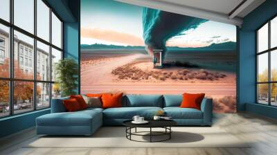 The tornado destroys the landscape. It can cause extremely high damage. Tornado background with double exposure. AI generated illustration. Wall mural