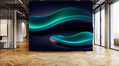 Two fluid, organic shapes are shown with a smooth, shiny surface and neon-like edges that glow in teal and magenta against a dark background.AI generated. Wall mural