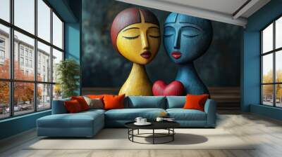 Two wooden sculptures depicting stylized human faces, one painted yellow, the other blue, with a red heart between them. The background contains a dark textured setting with copy space.Love concept.AI Wall mural