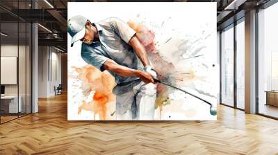 Watercolor abstract illustration of golf. Golfer in action with colorful paint splash, isolated on white background. AI generated illustration. Wall mural