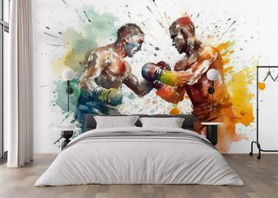 Watercolor abstract representation of boxing. Boxing players in action during colorful paint splash, isolated on white background. AI generated illustration. Wall mural