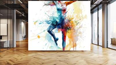 Watercolor abstract representation of rhythmic gymnastics. Rhythmic gymnastics player in action during colorful paint splash, isolated on white background. AI generated illustration. Wall mural