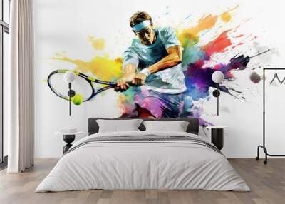 Watercolor abstract representation of tennis. Tennis player in action during colorful paint splash, isolated on white background. AI generated illustration.	
 Wall mural