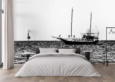 black and white illustration of the sail boat on the sea. White background.
 Wall mural