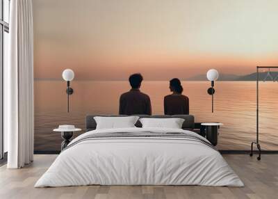 Serenity by the Sea: Two People on Wooden Bench Over Calm Waters Wall mural