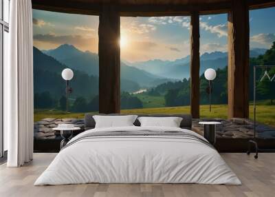 Background Nature with Trees and Mountains - Beautiful Landscape to Rest in Peace - Place with Outdoor Beds (AI Image) Wall mural