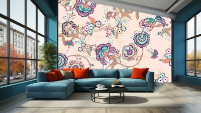 Colorful asian style floral pattern. Dark background floral tapestry. Paisley pattern with traditional indian style, design for decoration and fabrics Wall mural