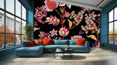 Colorful asian style floral pattern. Dark background floral tapestry. Wall mural