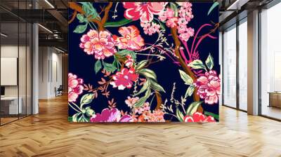 colorful asian style floral pattern. navy blue background Wall mural