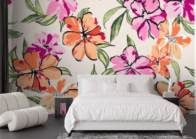 Floral pattern in hand drawn style for fashion, fabric and all prints on ecru background Wall mural