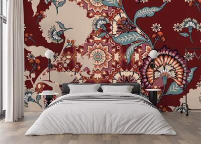 patchwork floral pattern with paisley and indian flower motifs. damask style pattern for textil and decoration Wall mural