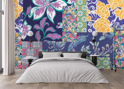 patchwork floral pattern with paisley and indian flower motifs. damask style pattern for textil and decoration Wall mural