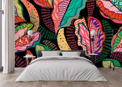 pattern of a tropical artwork, with multicolored hand drawn elements with dark background, perfect for textiles and decoration Wall mural