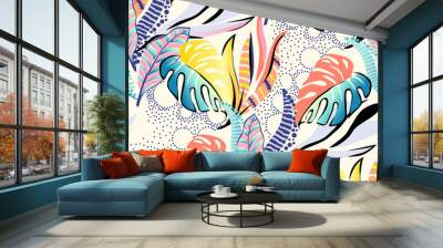 Seamless pattern of a tropical artwork, with multicolored hand drawn elements and funny background. Monstera pattern perfect for fashion and decoration Wall mural