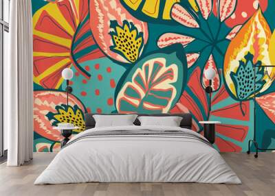 tropical pattern with multicolored hand drawn elements and funny background. tropical leaves pattern for textil and decoration Wall mural