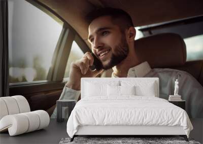 Man talking on smartphone sitting in back seat of car, businessman in taxi Wall mural