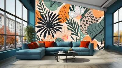 Collage contemporary floral seamless pattern. Modern exotic jungle fruits and plants illustration. Wall mural