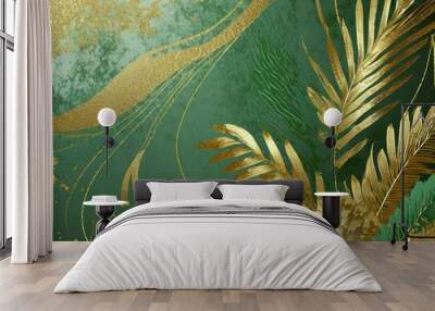 Luxury green summer background and wallpaper with golden metallic decorate wall art Wall mural