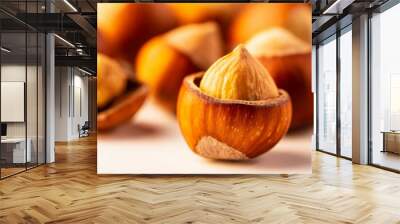 Macro closeup of hazlenuts isolated on white background Wall mural