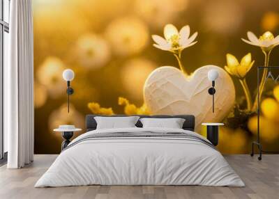 White heart and white flowers background design Wall mural