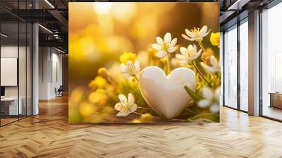 White heart and white flowers background design Wall mural