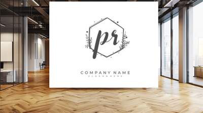 Handwritten initial letter P R PR for identity and logo. Vector logo template with handwriting and signature style. Wall mural