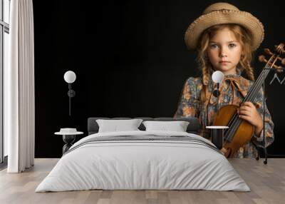 little girl dressed up as a musician on black background Wall mural