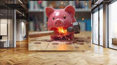 Breaking Piggy Bank with Hammer and Coins - Savings Concept for Financial Crisis and Economic Planning Wall mural