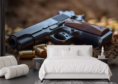 Close-Up of Handgun with Bullets on Ground - Military, Security, and Crime Concepts Wall mural