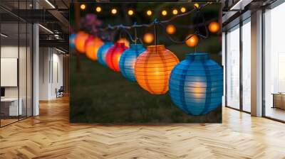 Colorful Lanterns Illuminating a Garden at Dusk Perfect for Outdoor Summer Parties and Decor Wall mural