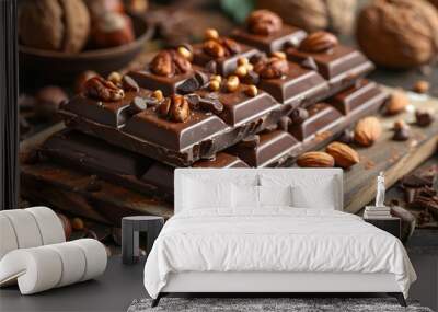 Delicious Assortment of Gourmet Chocolate Bars with Nuts for Culinary Inspiration Wall mural