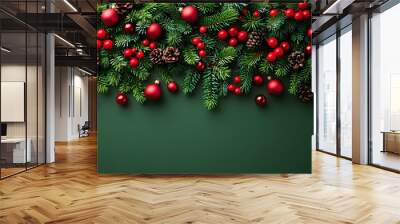 Festive Christmas Garland with Pine Cones and Red Ornaments on a Green Background for Holiday Decor Wall mural