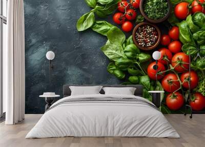 Fresh Italian Ingredients: Basil, Tomatoes, Spinach, and Spices for Gourmet Cooking and Vegetarian Recipes Wall mural