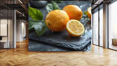 Fresh Lemons on Slate Background - Citrus Fruit Photography for Kitchen Decor, Recipe Books, and Health Promotions Wall mural