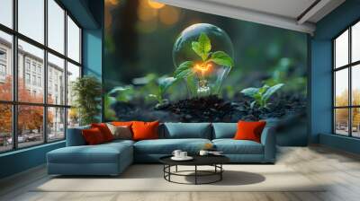 Glowing light bulb and green plant growing out of soil. Ecology concept Wall mural