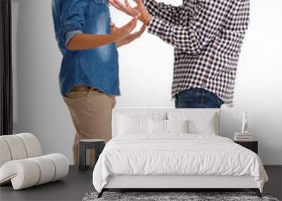 Relationship difficulties. Studio shot of a young couple arguing aggressively isolated on white. Wall mural