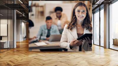 Business woman, tablet and portrait of a digital developer professional with team ready for work. Tech employee, company vision and web job of a female ready for information technology project Wall mural