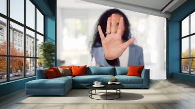 Business woman and face with stop hand for assertive and serious gesture for rejection at workplace. Corporate black woman in office portrait with palm zoom for warning, discrimination or harassment Wall mural