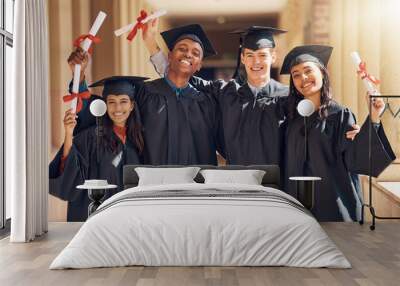 Education, diversity and graduation, happy students at university campus with certificate. School, success and portrait of college graduate friends with diploma in cap celebrate academic achievement. Wall mural