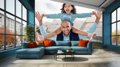 Farm, agriculture and father with girl with comic, crazy and funny face for bond, farming and relax in countryside. Family, sustainability and dad with daughter smile for adventure, freedom and happy Wall mural