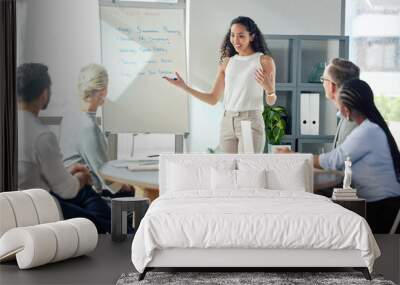 I hope you all feel inspired this morning. a young businesswoman giving a presentation to her colleagues in an office. Wall mural