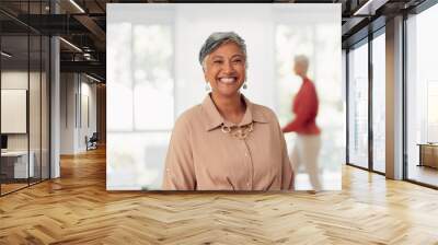 Senior business woman, leadership and smile for management, vision or success at the office. Portrait of elderly female CEO smiling in happiness for creative corporate startup at the workplace Wall mural