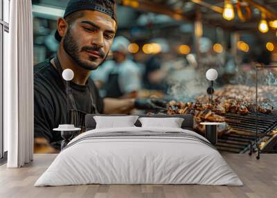 A handsome Middle Eastern man with black hair and beard wearing an apron grilling chicken kebabs on the grill at night in a bustling street food market Wall mural